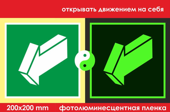 E19 открывать движением на себя (фотолюминесцентная пленка, 200х200 мм) - Знаки безопасности - Эвакуационные знаки - . Магазин Znakstend.ru