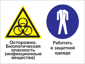 Кз 72 осторожно - биологическая опасность (инфекционные вещества). работать в защитной одежде. (пленка, 600х400 мм) - Знаки безопасности - Комбинированные знаки безопасности - . Магазин Znakstend.ru